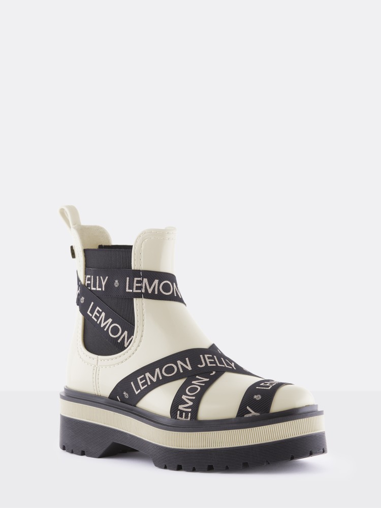 Lemon Jelly Platform White Low Boots with Straps Francesca Black