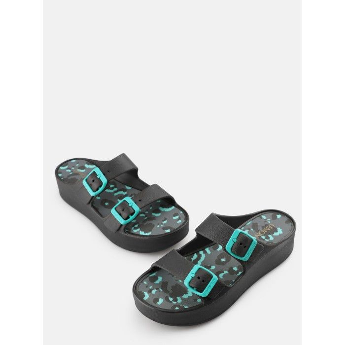 Lemon Jelly Patterned Insole Slides with Buckles Elvia Black - 10022855