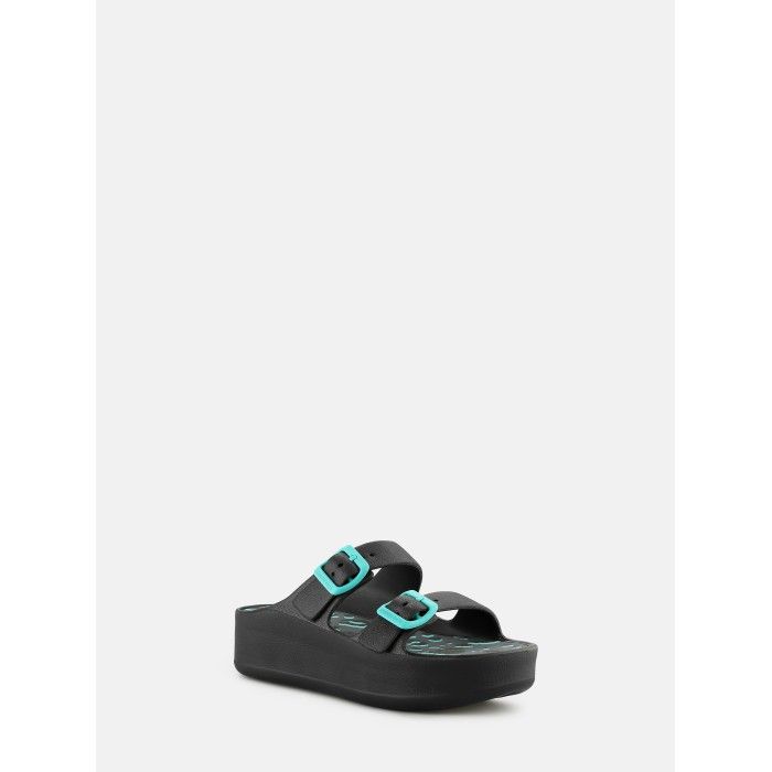 Lemon Jelly Patterned Insole Slides with Buckles Elvia Black - 10022855