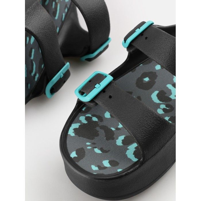 Lemon Jelly Patterned Insole Slides with Buckles Elvia Black - 10022855