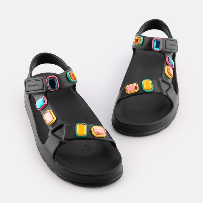 Lemon Jelly Sporty Sandals with Decorative Stones Arwen Black - 10022807