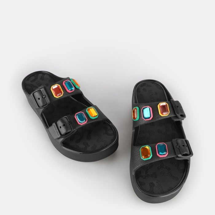 Sandlias Pretas Fivelas com Pedras Decorativas Laila Black - 10022982