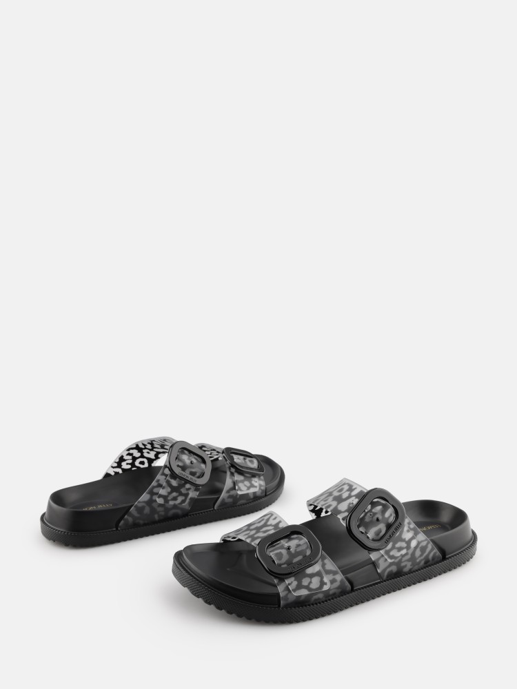 Flat Sandals with Buckles Feline Pattern Black Vegan Lemon Jelly