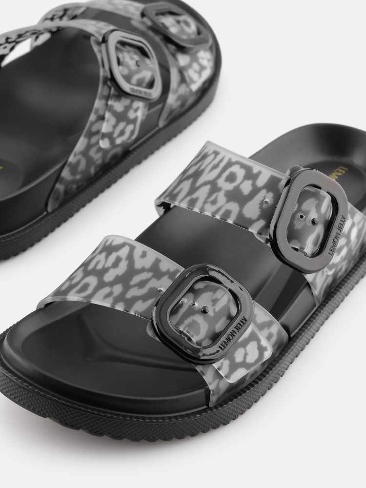 Flat Sandals with Buckles Feline Pattern Black Vegan Lemon Jelly